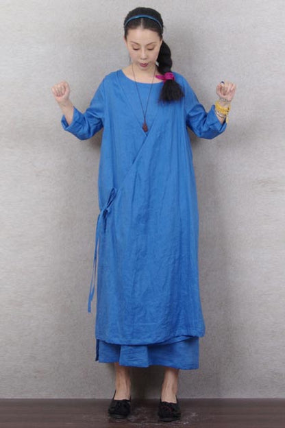 Ethnic wind irregular linen dress with V-neck and loose waist 190239