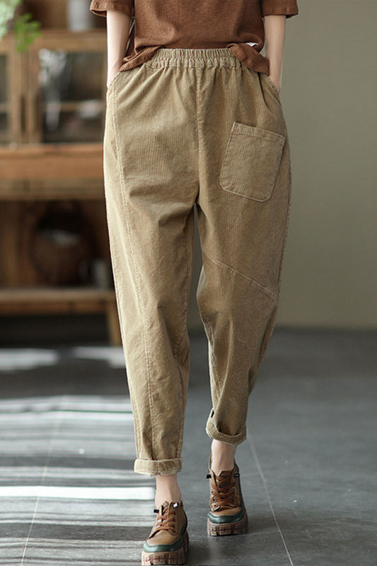 Khaki Cotton Corduroy Pants - Elastic Waist Relaxed Fit C2439