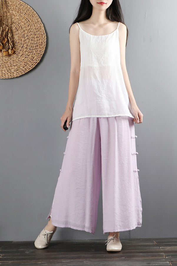 Light Purple Cotton Linen Wide Leg Pants - Elastic Waist, Side Pockets C2883