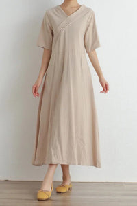 Short Sleeves V-Neck Cotton Midi Dress C2866