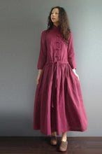 Load image into Gallery viewer, Retro literary linen dress with stand-up collar and tray button 190241
