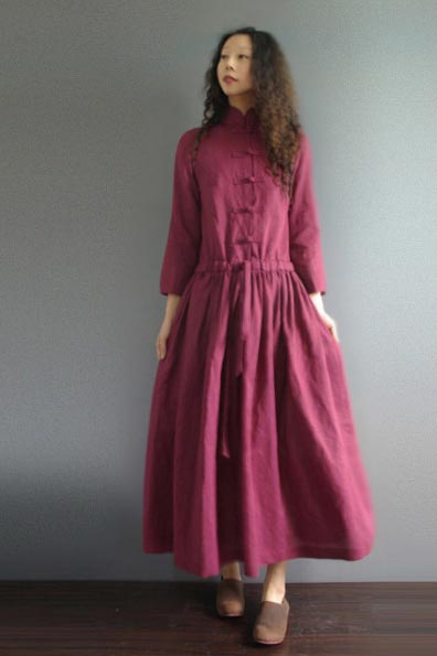 Retro literary linen dress with stand-up collar and tray button 190241