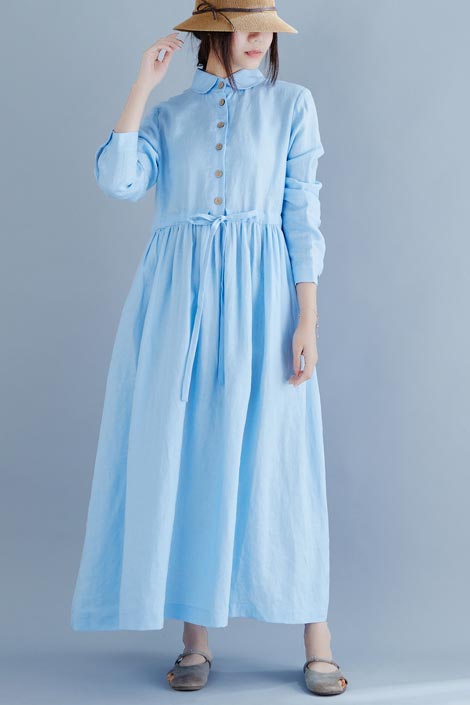 Flax art sen department doll collar long loose waist cotton and linen dress 190236