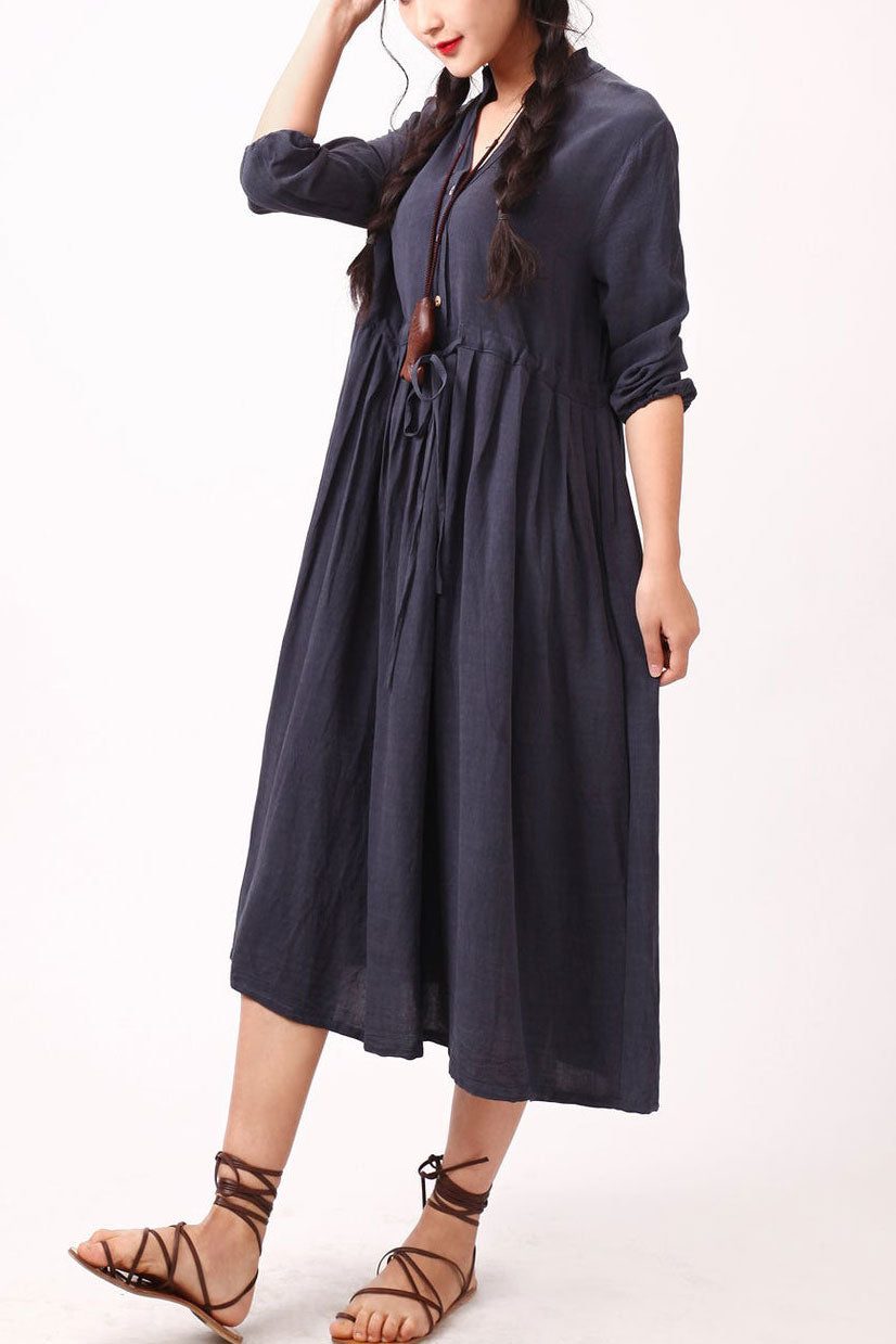 loose fit long sleeve cotton linen dress A006