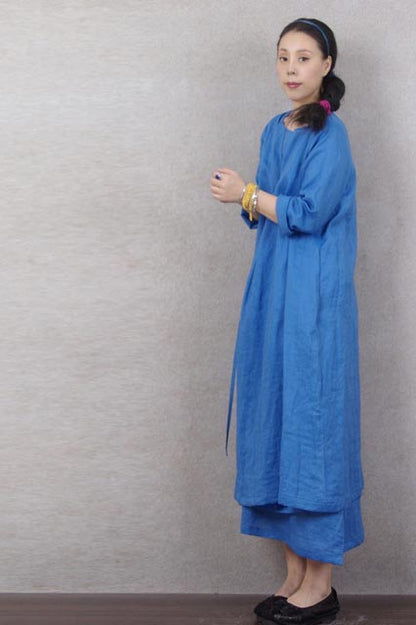 Ethnic wind irregular linen dress with V-neck and loose waist 190239
