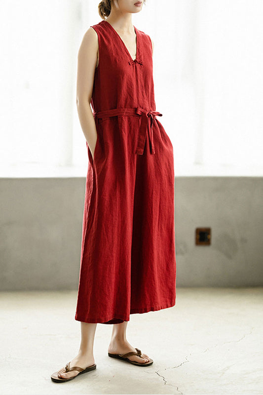 Deep V Neck Red Linen Jumpsuits C2394