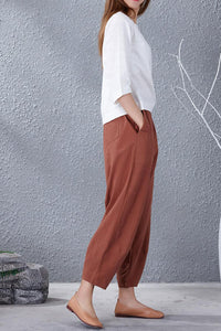Casual wild leg linen pants with elastic waist A007