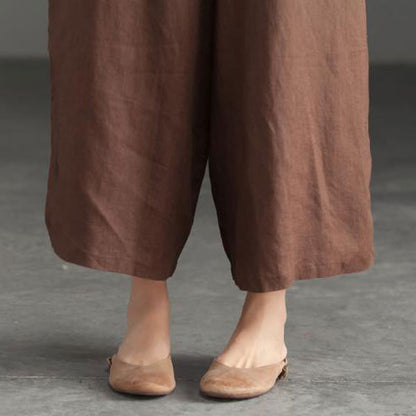 Deep V Neck Linen Jumpsuits in Coffee Color C2392