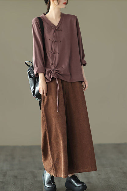 Brown Elastic Waist Wide Leg Corduroy Pants C2443