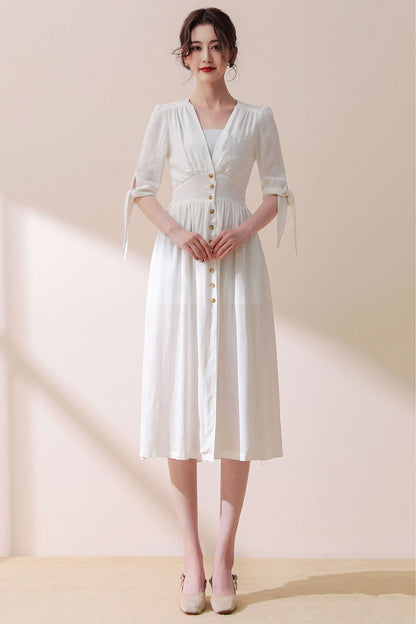 Deep V Neck White Linen Dress C3187