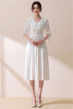 Load image into Gallery viewer, Deep V Neck White Linen Dress C3187
