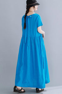 H line linen maxi dress with medium waist, round neck 190227