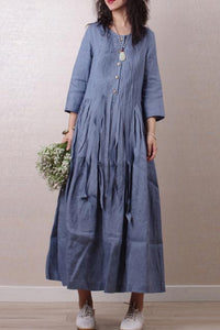 Literary style retro pleated long sleeves  linen maxi dress 190237