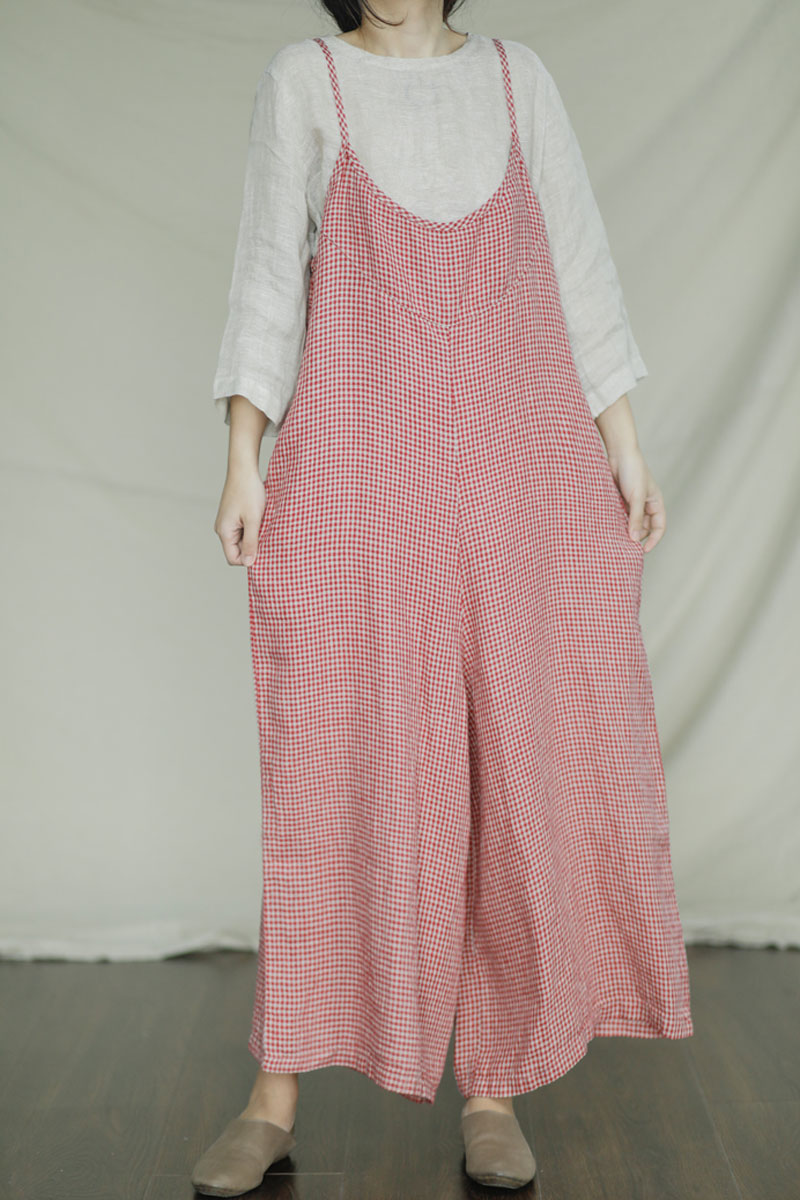 Red Plaid Sleeveless Linen Jumpsuits C2398