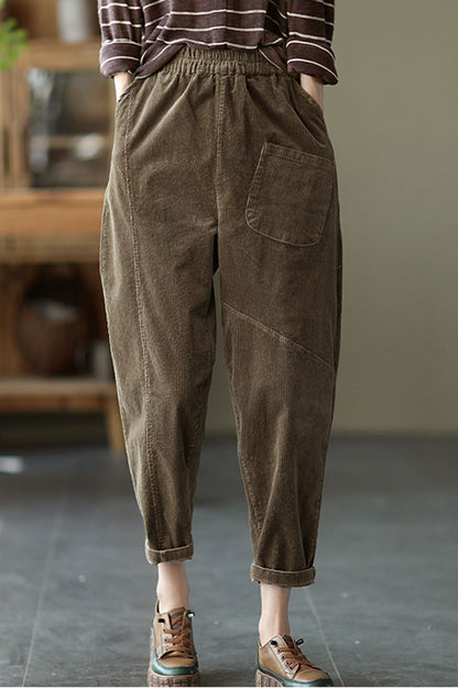 Black Elastic Waist Corduroy Pants C2439