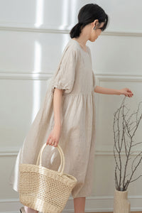 Loose Short Sleeve Linen Dress C3191