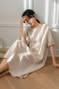 Loose Short Sleeve Linen Dress C3191