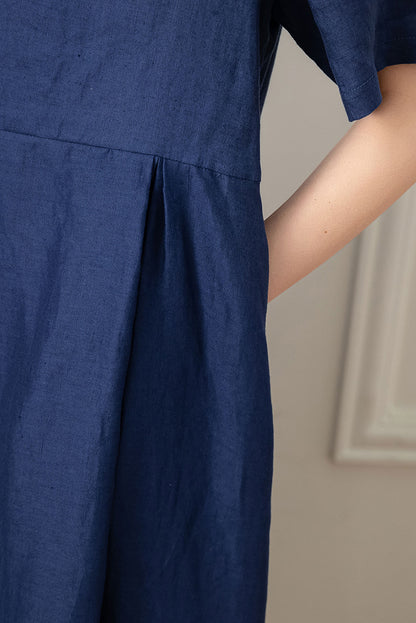 Long Navy Blue Linen Dress C3192