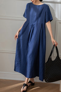 Long Navy Blue Linen Dress C3192