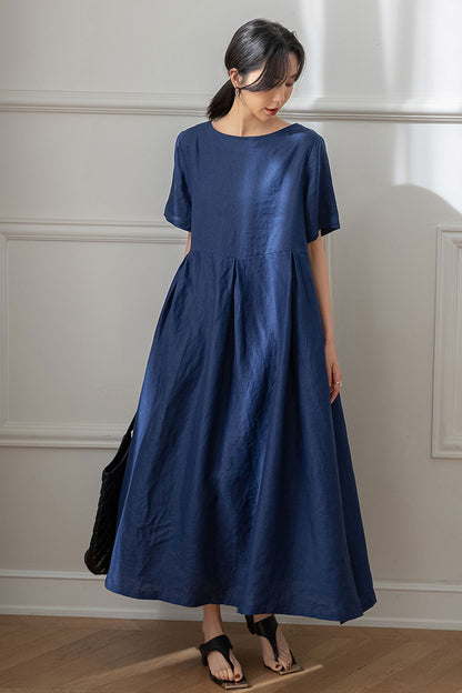 Long Navy Blue Linen Dress C3192