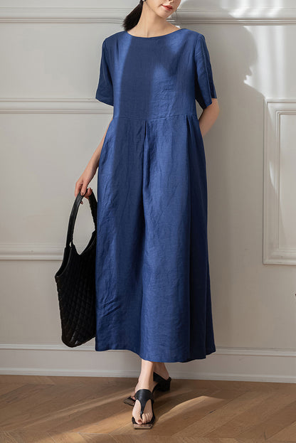 Long Navy Blue Linen Dress C3192