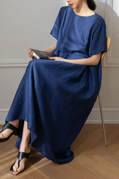 Long Navy Blue Linen Dress C3192