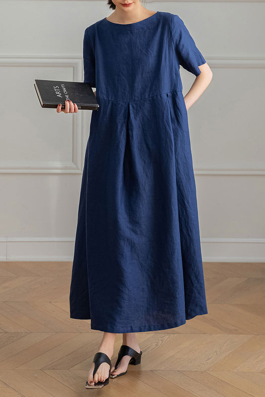 Long Navy Blue Linen Dress C3192