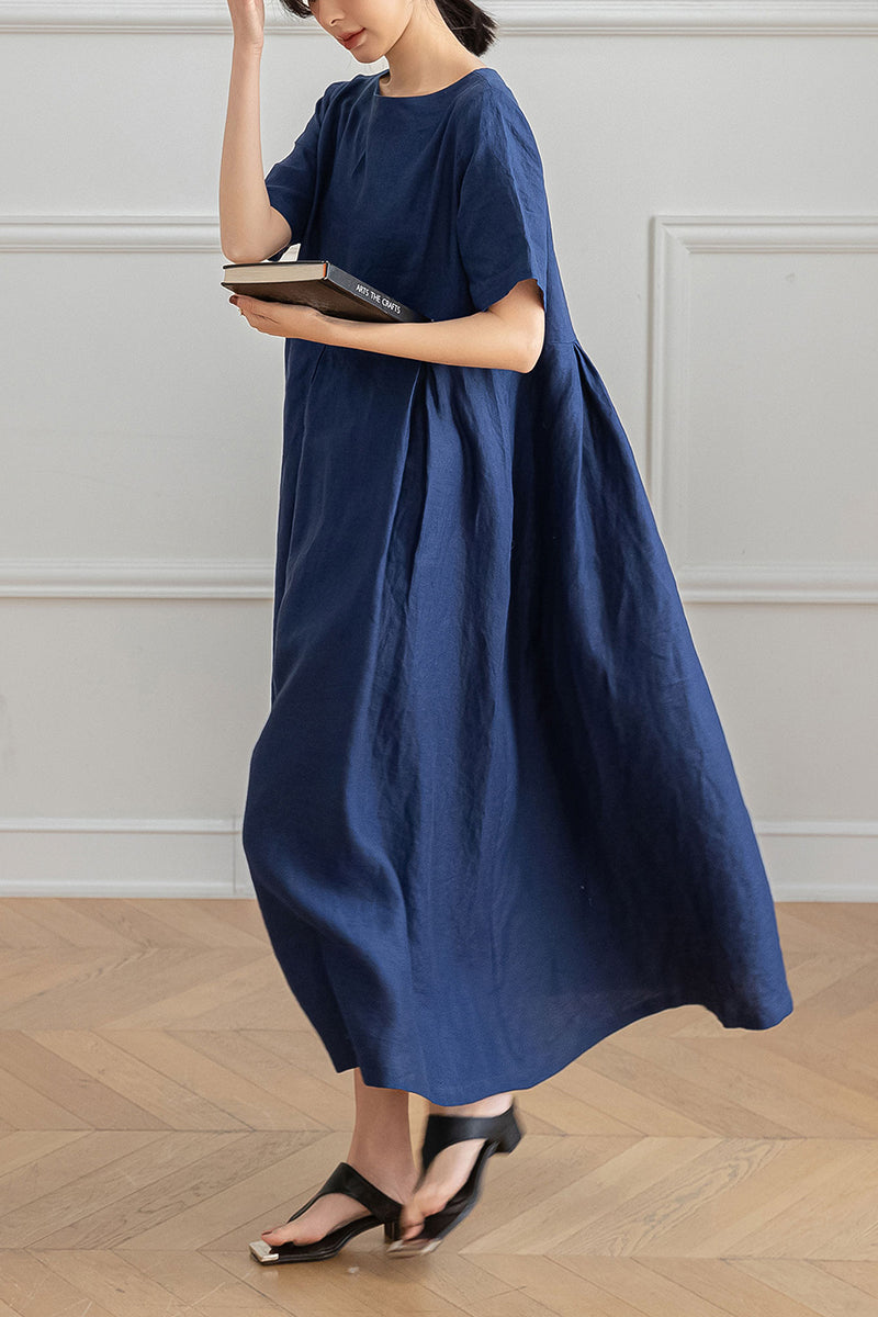 Long Navy Blue Linen Dress C3192