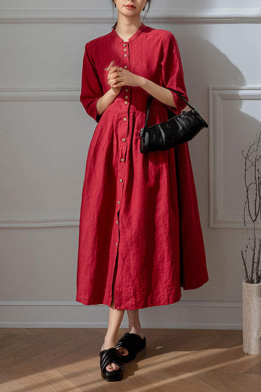 Red Half Sleeve Linen Dress C3196