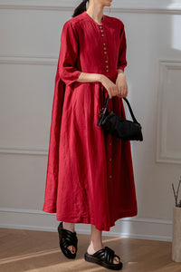 Red Half Sleeve Linen Dress C3196