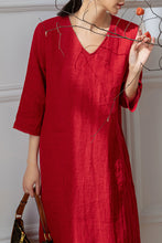 Load image into Gallery viewer, Red V-neck Midi Linen Dress C3197
