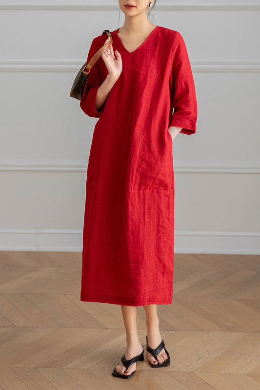 Red V-neck Midi Linen Dress C3197