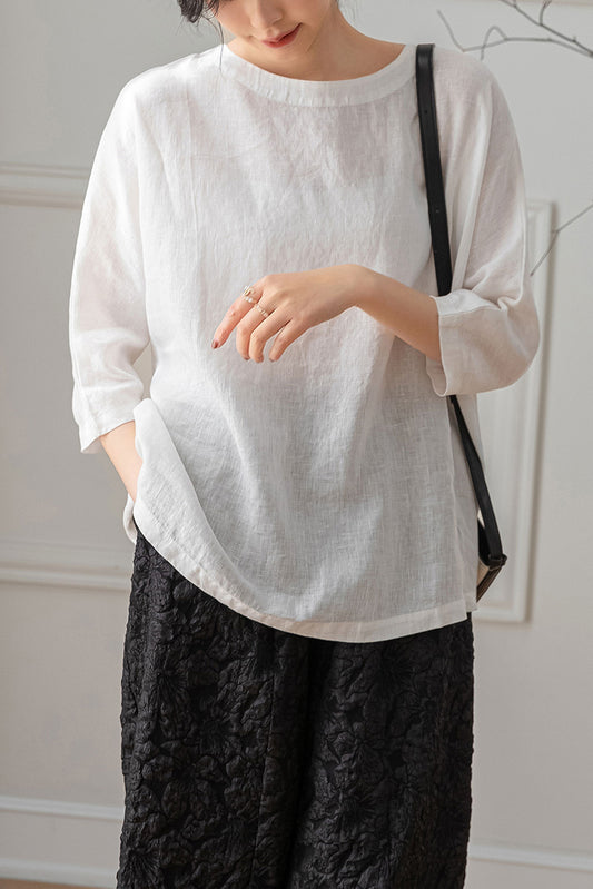 White Half Sleeve Linen Tops C3198