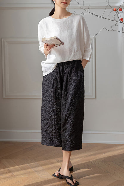 White Half Sleeve Linen Tops C3198