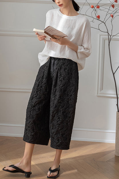 White Half Sleeve Linen Tops C3198
