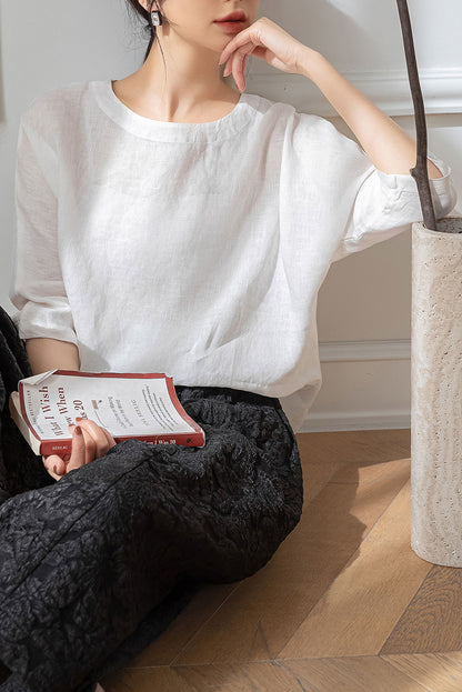 White Half Sleeve Linen Tops C3198