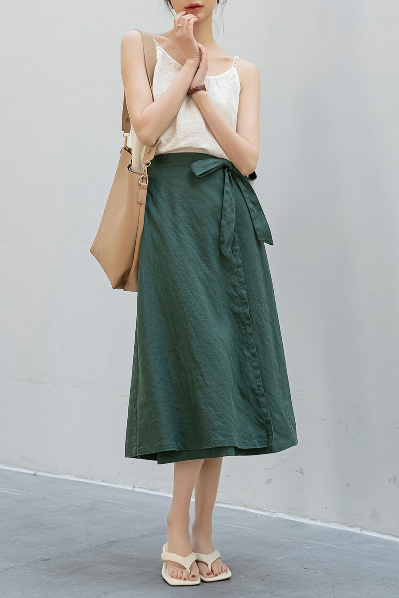 Dark Green A-Line Linen Skirt C3202