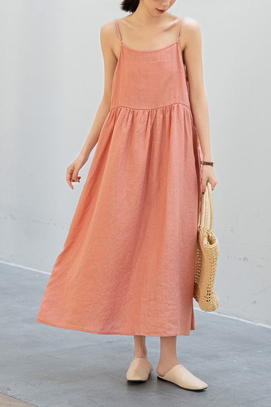 Pink Sleeveless Long Linen Dress C3204