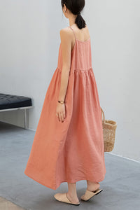 Pink Sleeveless Long Linen Dress C3204