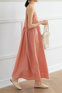 Pink Sleeveless Long Linen Dress C3204