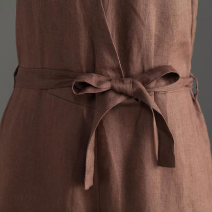 Deep V Neck Linen Jumpsuits in Coffee Color C2392