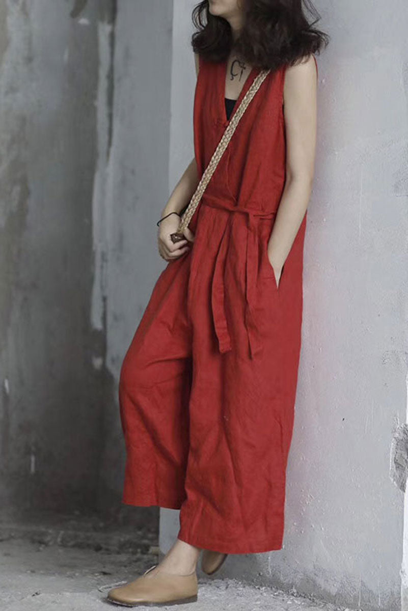 Black Linen Jumpsuit - V-Neck, Loose Fit C2393