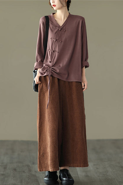 Brown Elastic Waist Wide Leg Corduroy Pants C2443