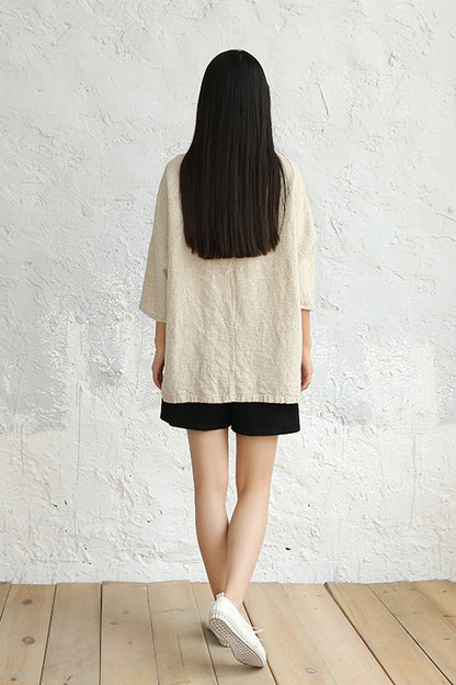 Khaki Cotton Linen Short Sleeve Tops C2828