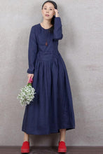 Load image into Gallery viewer, Vintage pleated waist long sleeve linen mid-length dress 190243
