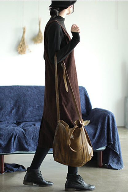 Coffee Color Corduroy Strap Dress C2446