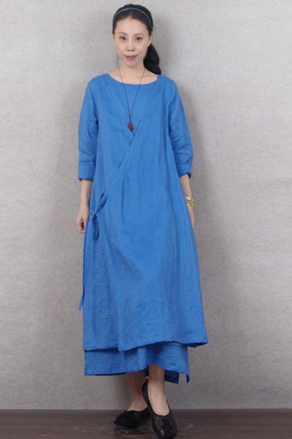 Ethnic wind irregular linen dress with V-neck and loose waist 190239