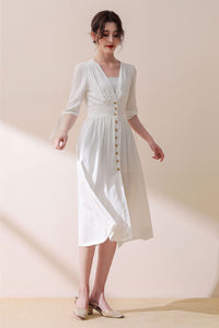 Deep V Neck White Linen Dress C3187