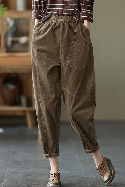 Black Elastic Waist Corduroy Pants C2439