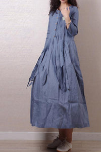 Literary style retro pleated long sleeves  linen maxi dress 190237